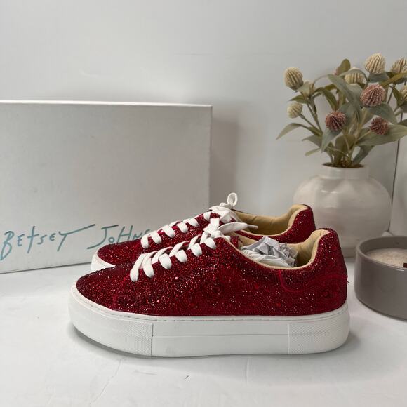 Betsey Johnson Sb-Sidny Rhinestone/Jeweled Sneakers Red Women 8M Tried On - Picture 1 of 10